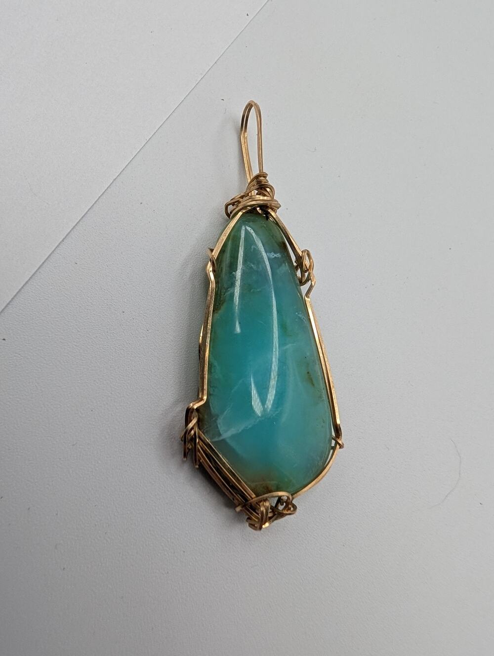 Artisan Wire Wrapped Blue Green Peruvian Opal Teardrop Pendant Gold Tone